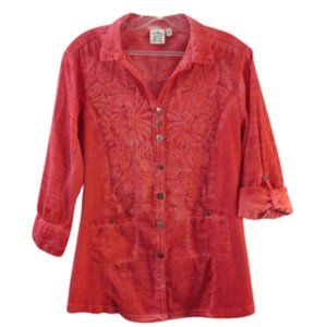 Parsley & Sage 100% Cotton Embroidered Distressed Button Front Blouse